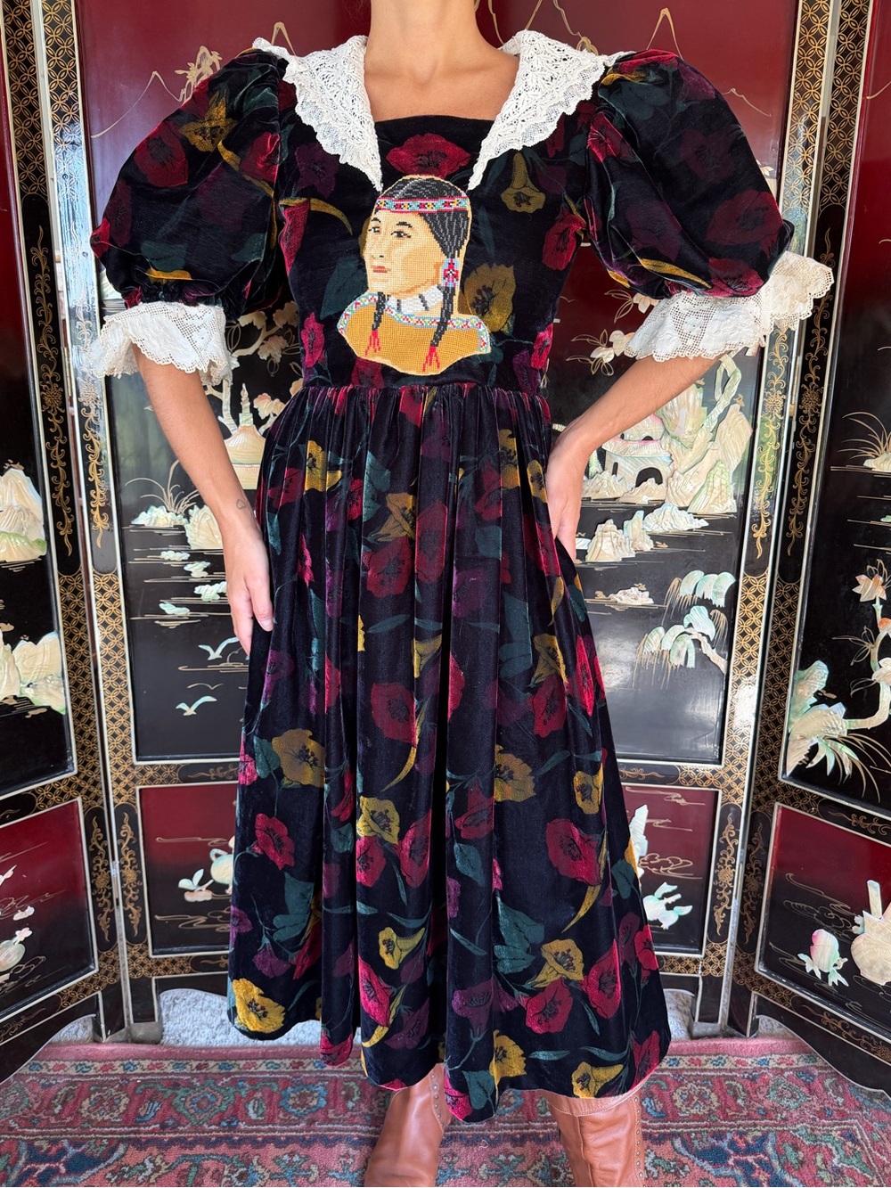 Vintage Pocahontas velvet lace doll dress